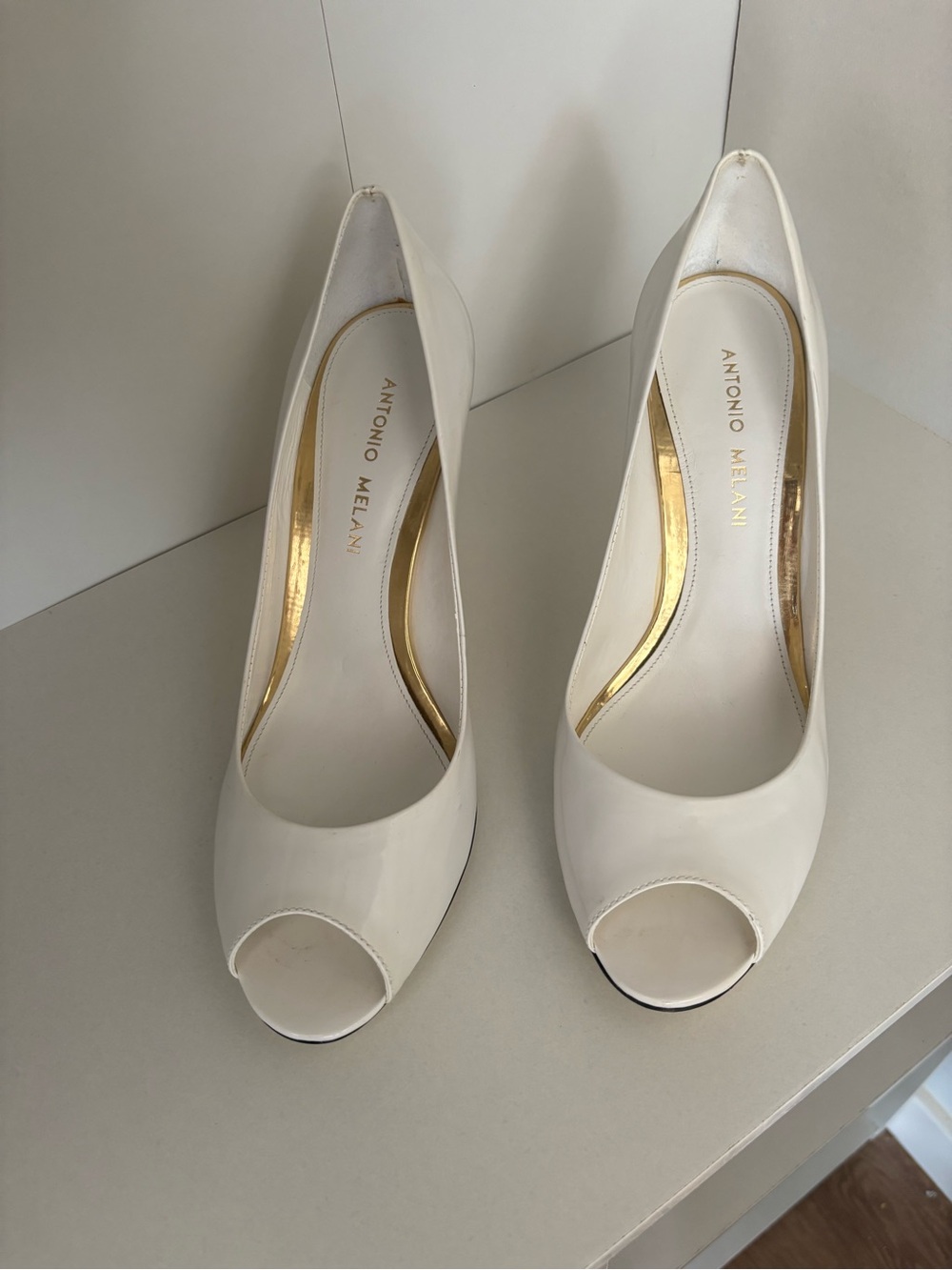 ANTONIO MELANI White Patent Peep-Toe Heels